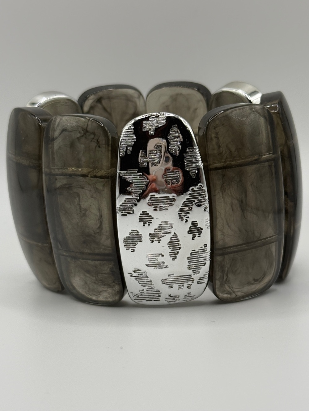 Smoke Gray Resin Stretch Bracelet with Silver-Tone Accent
